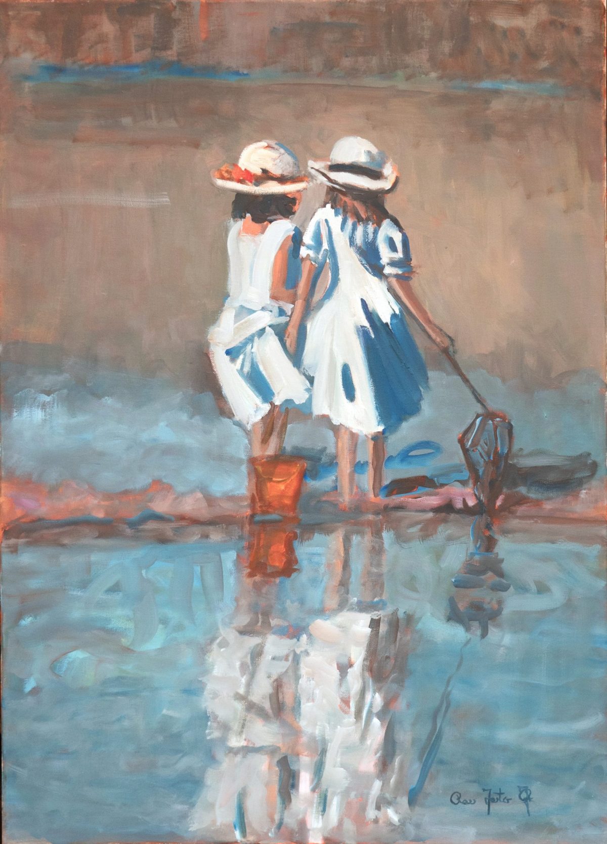 Ross Foster contemporary oil on canvas. Depicting two young girls on a beach. Signed, unframed.